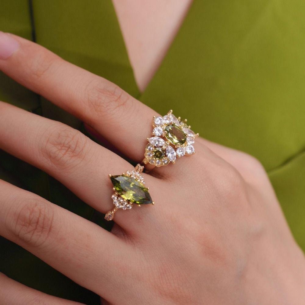 Adjustable Green Rhinestone Rings French Style Shining Rings Elegant Vintage Zircon Rings  Party