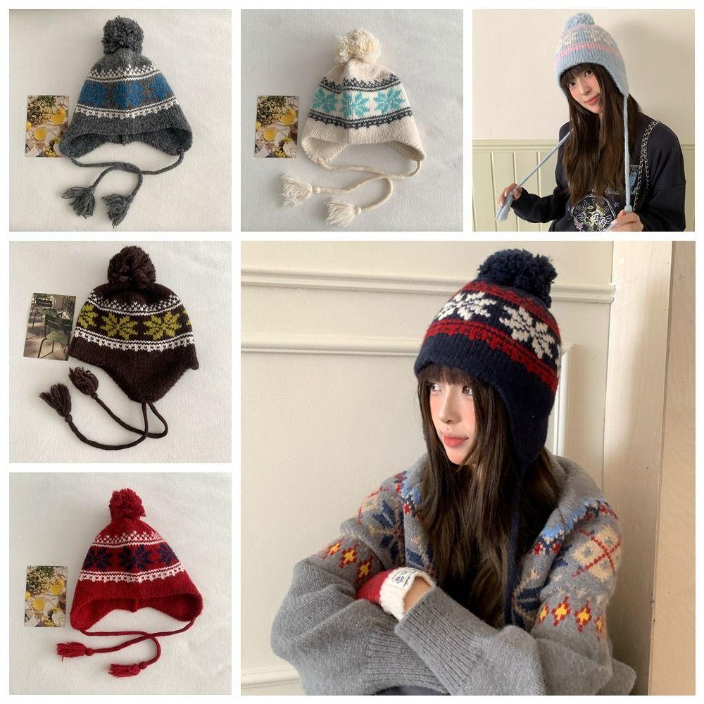 Warm Knitted Pullover Hat Korean Style Beanies Cap Sweet Jacquard Woolen Hat Autumn