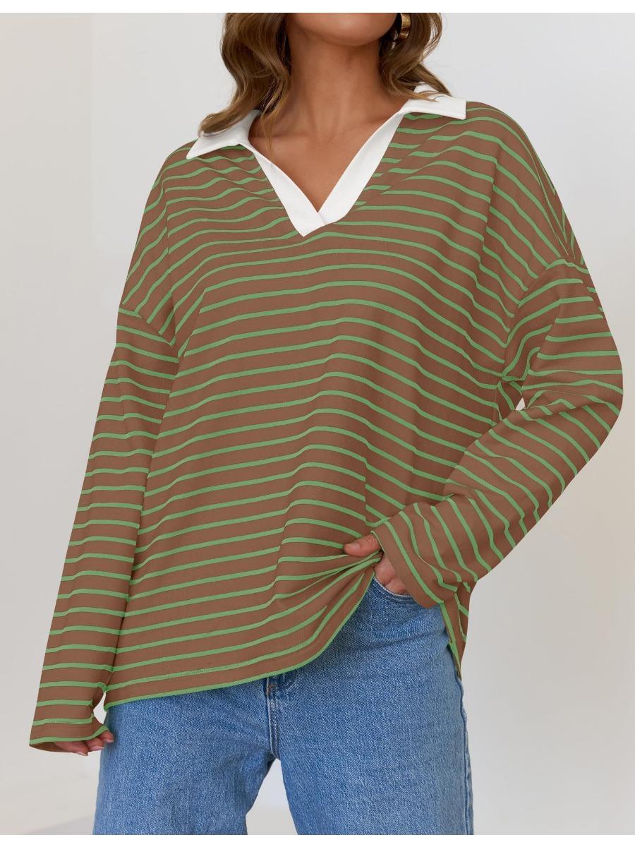 Женская осенняя полосатая футболка свободного покроя с длинными рукавами и V-образным — фото 14