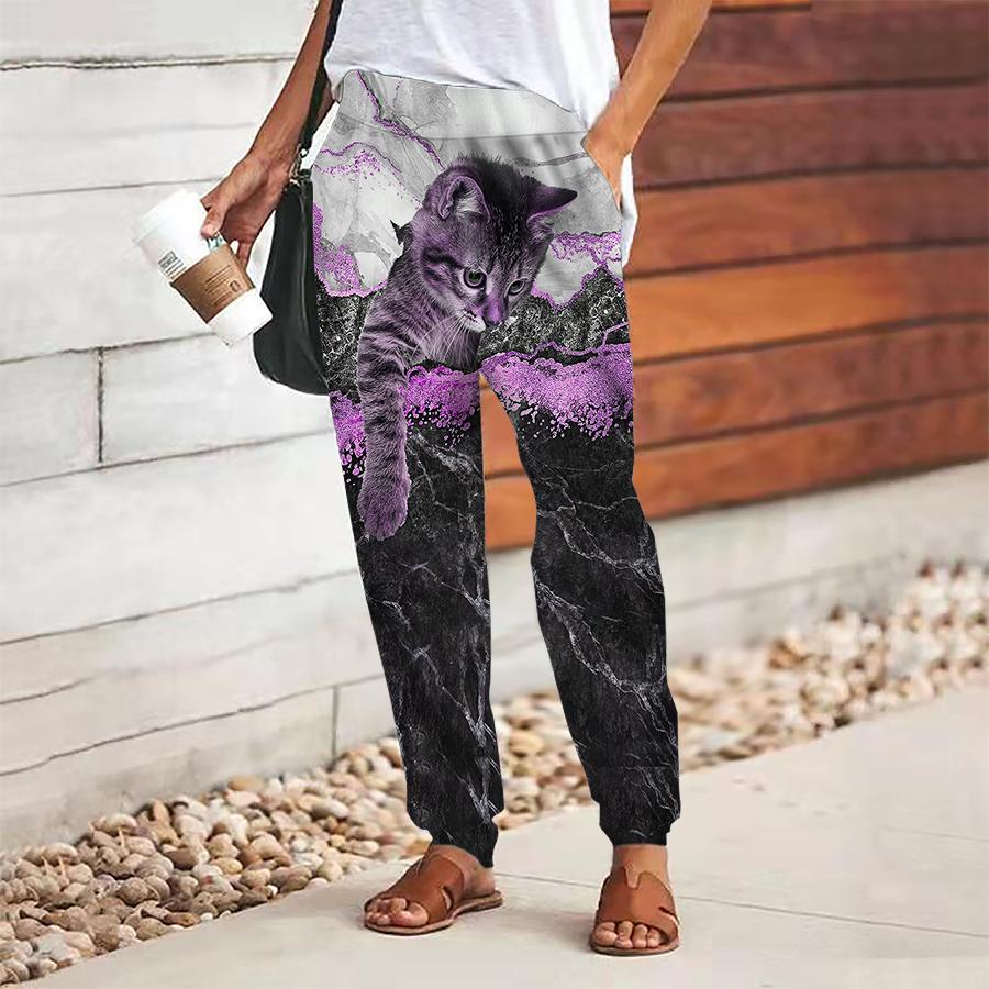 Women Cat Printing Pants Lace Up Elastic Waist Loose  Trousers Casual Long Pants Trousers with Pockets