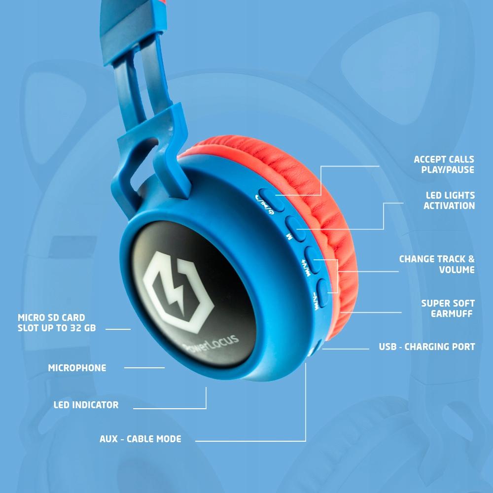 PowerLocus Buddy BlueRed Wireless LED MicroSD AUX Headphones for Kids