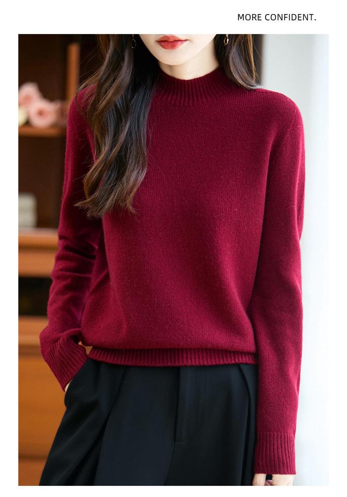 Women's Pure Color Wool Sweater - Half-High Collar, Loose Knit Pullover for Autumn/Winter