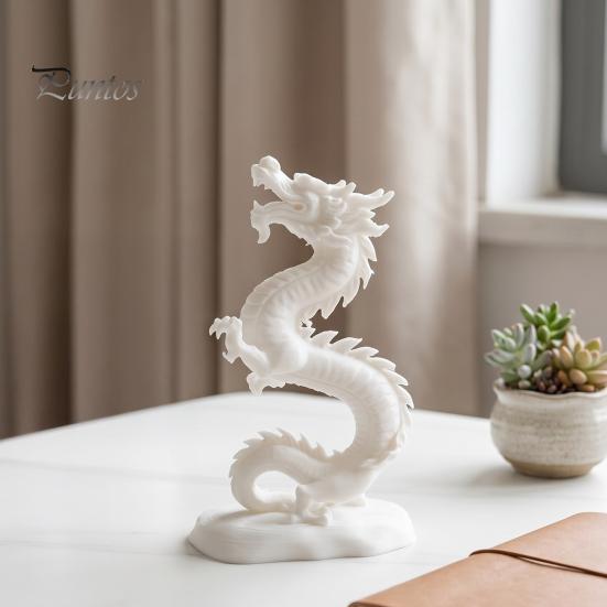 Artistic Dragon Sculpture 3D Printed Chinese Figurine, Collectible White Statue, Feng Shui Statue Decoration for Home Office