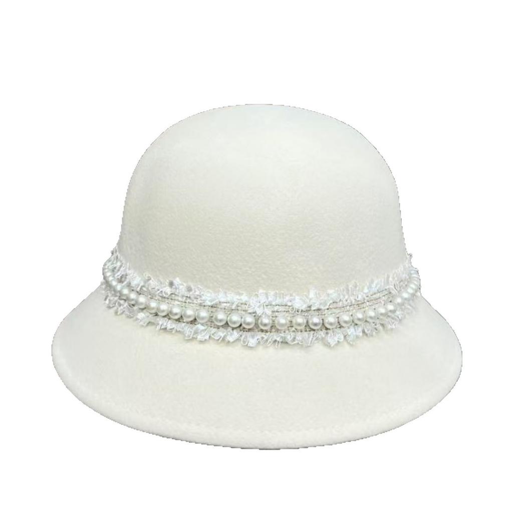 Elegant fashion celebrity style pearl wool bucket hat women autumn and winter British top hat travel temperament basin hat