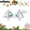 WOSTU Christmas Tree Earrings with Green Heart Zircon 925 Sterling Silver Stud Earring For Women Creative Xmas Jewelry Gift New