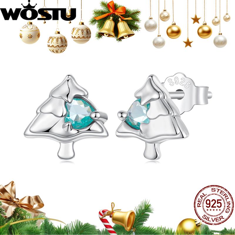 WOSTU Christmas Tree Earrings with Green Heart Zircon 925 Sterling Silver Stud Earring For Women Creative Xmas Jewelry Gift New