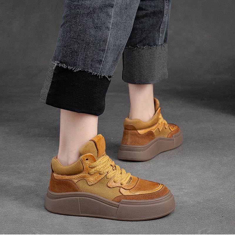 Johnature Chaussures plates décontractées à lacets en cuir véritable à semelles épaisses et bout rond pour femmes, chaussures à plateforme polyvalentes