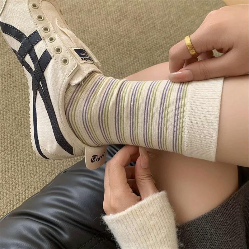 Korean Contrasting Striped Socks Medium Tube Socks Tide Internet Celebrity Stacking Socks Literary Retro Pure Cotton Stockings