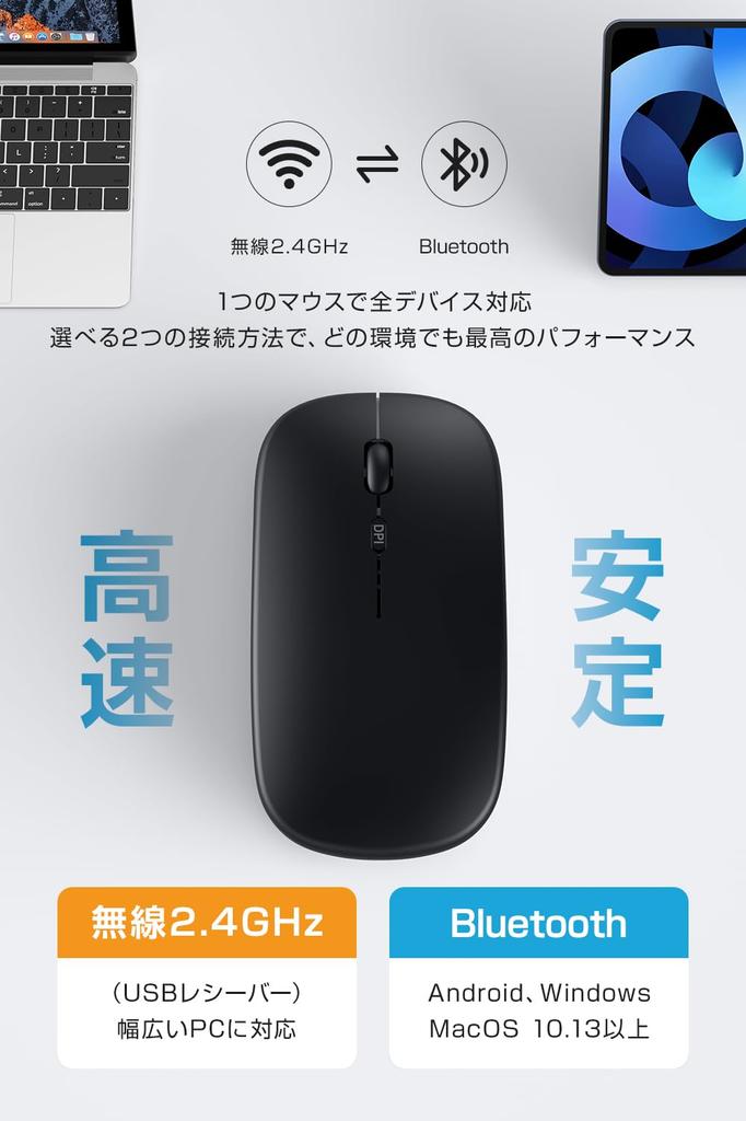 Bluetooth Mouse [2025 Slim 2-Way Connection] Wireless, Quiet, Optical, High-Precision, Type-C, Rechargeable, Symmetrical, Small, Slim, Compact,