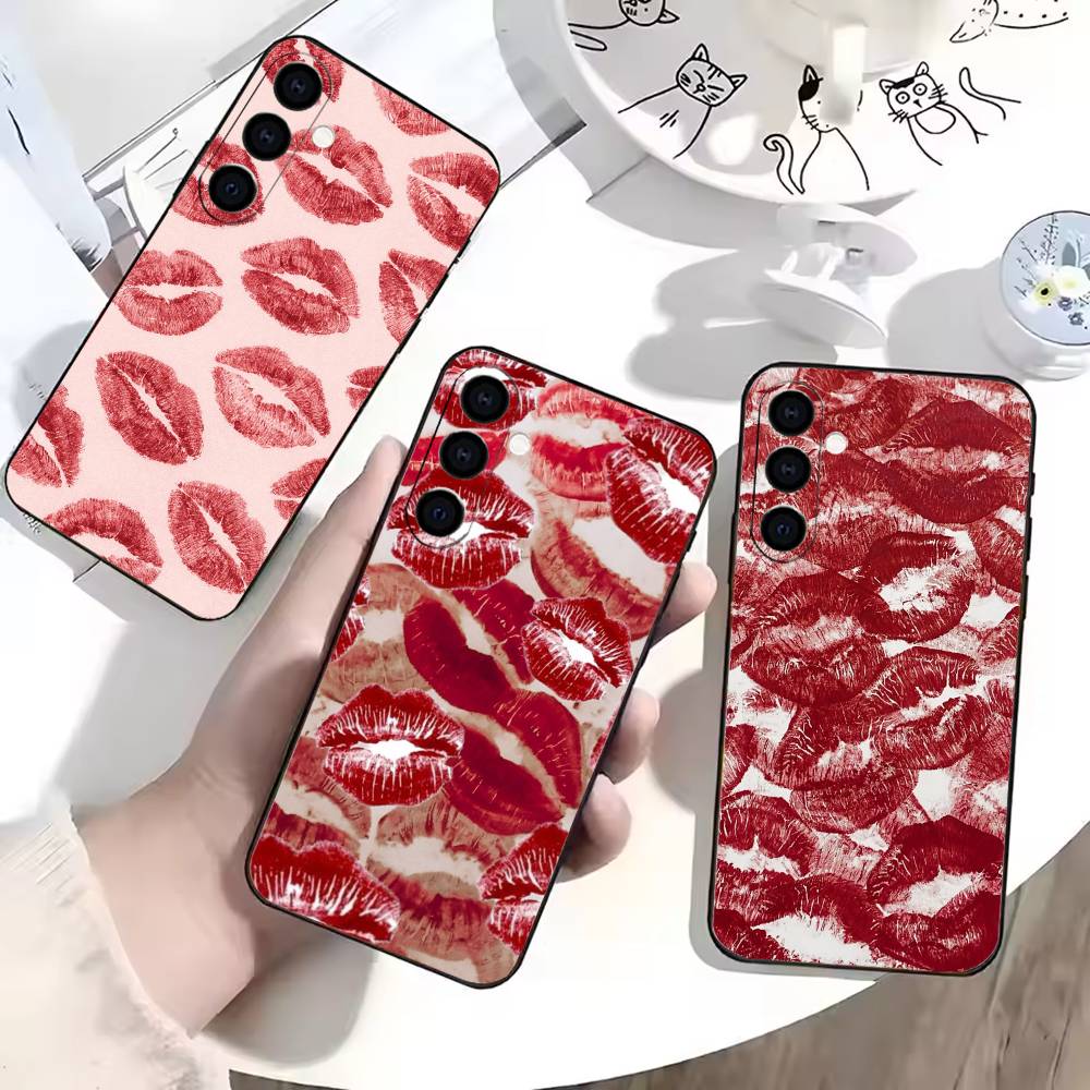 Sexy Red Lips Kiss Phone Case For Samsung Galaxy A73,A72,A71,A70,A53,A52,A51,Others Soft Black Cover