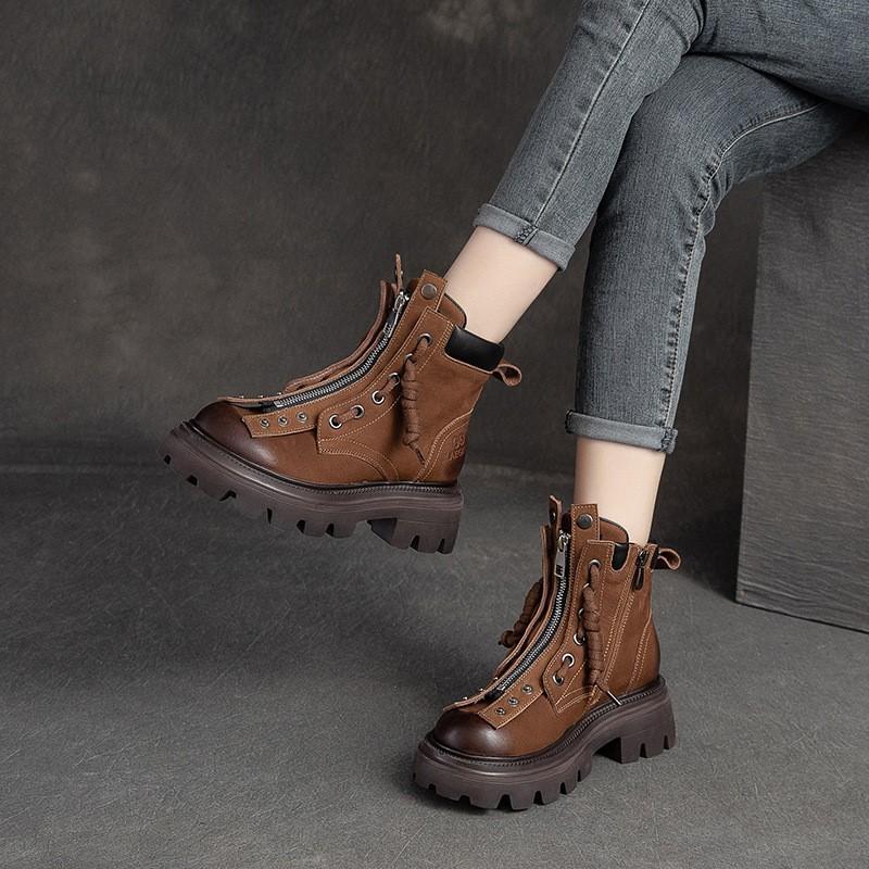 Johnature Retro Genuine Leather Women's Shoes Round Toe Thick Sole Versatile Short Boots