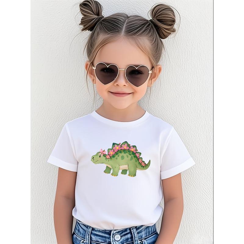 European sizes Girls Outdoor T-Shirt, Cotton T-Shirt, Casual Fashion Cartoon Dinosaur Print Top 110 белый