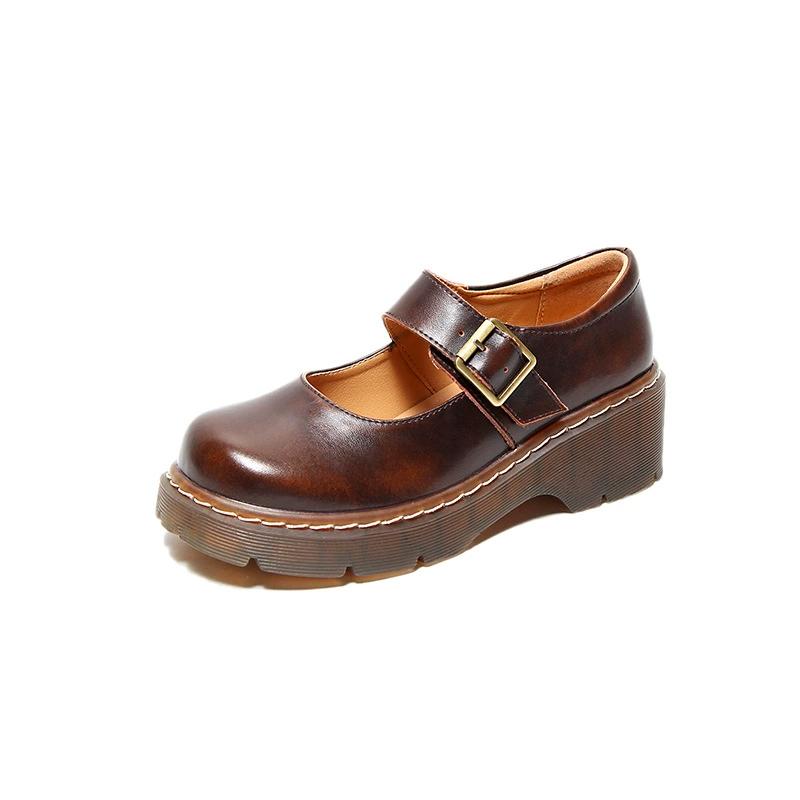 New Arrival styl japoński Vintage klamra buty Mary Janes damskie płytkie usta dorywczo studenckie skórzane buty grube dno