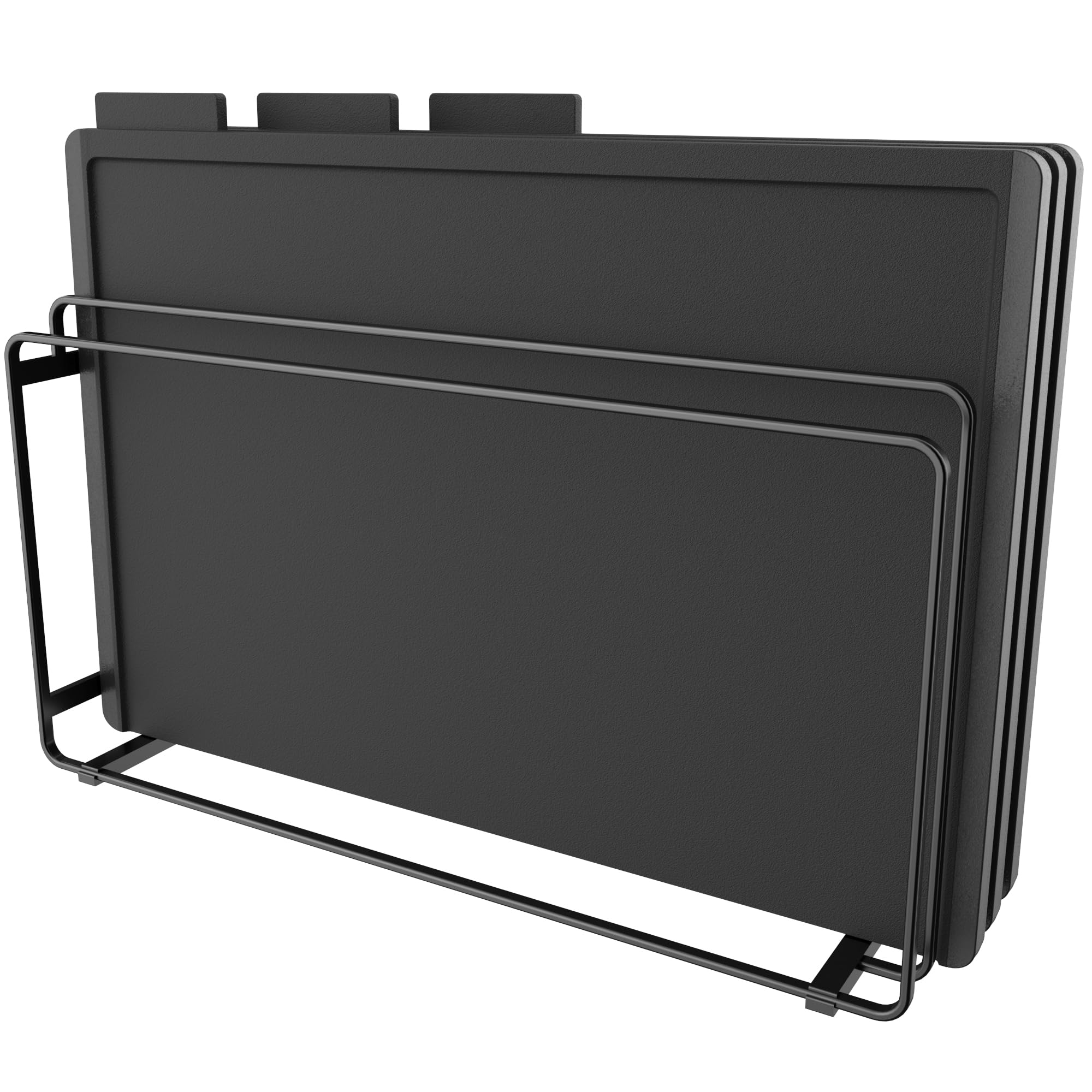 MUAMUA [Набор из 3 разделочных досок с подставкой] Черный, Нескользящий, Универсальный набор, Легкий слив, Черный, Бортик по краю, Двустороннее использование, Антибактериальный, Легкий t