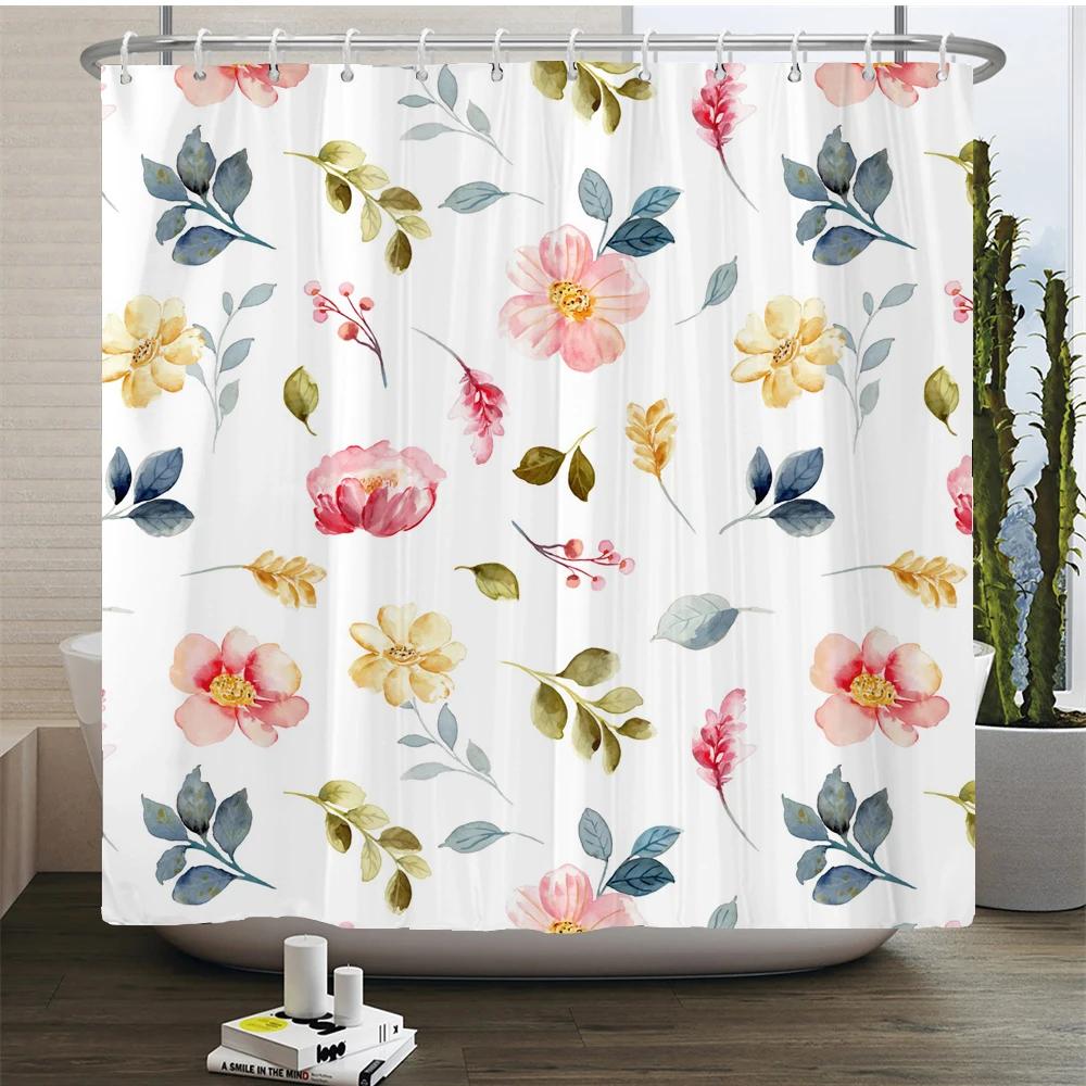 Elegant Flowers Shower Curtain 180x180cm Floral Printed Shower Curtain Polyester Bath Curtain Bathroom Decor Washable With Hooks
