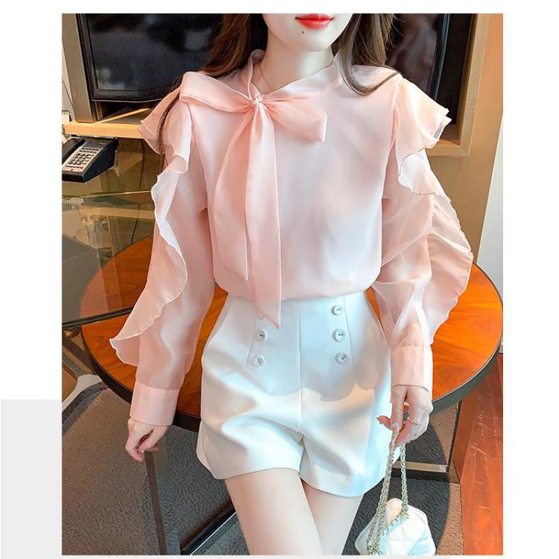 Spring Flounces Woman Chiffon Shirt Bow Formal Ruffles Dress Shirts For Women