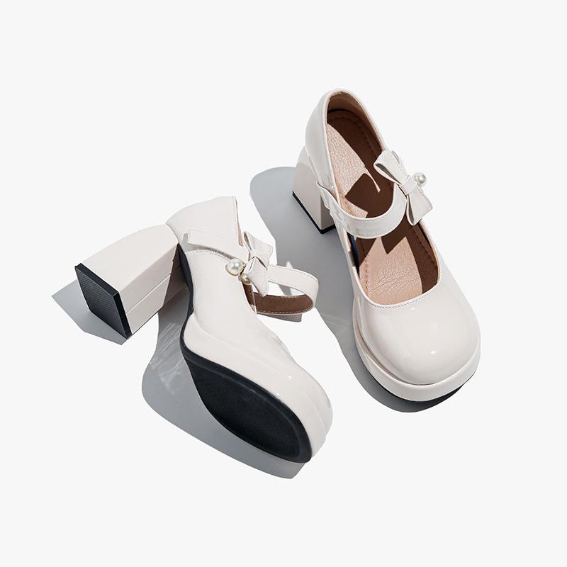 

High heels women s wedding shoes 2025 new pearl one-word strap Mary Jane shoes thick heel round head single shoes French bridesmaid shoes 40