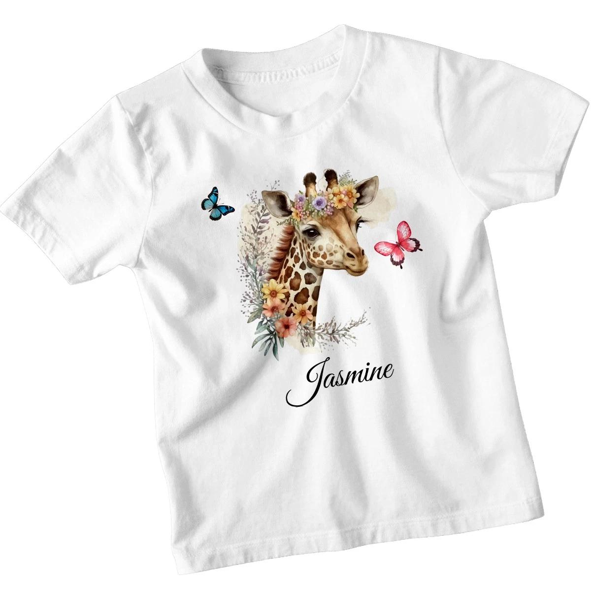 Personalised Giraffe Floral Kids T-Shirt Custom Jasmine Name Tee 150