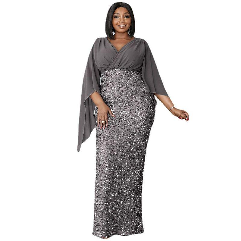 Cross-Border Fashion Plus Size Temperament Sexy Long Sequin V Neck Long Sleeves Banquet Evening Dress Bridesmaid Dress Dress Women