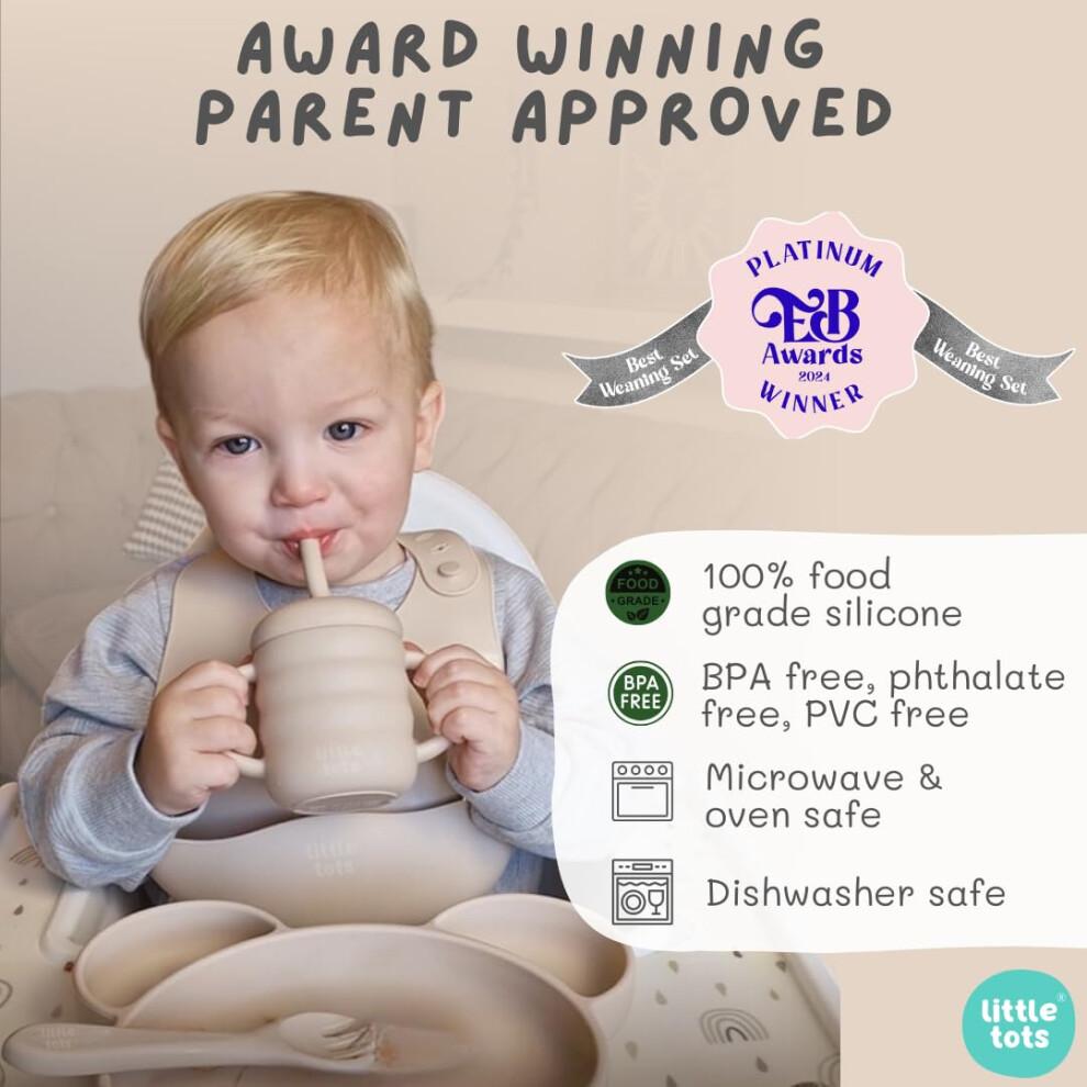 Baby-Beikost-Set von Little Tots | Silikon-Saugplatte, Saugnapfschale, Lätzchen, Trinklernbecher + Strohhalm, Kleinkind-Löffel + Gabel, Beikost-Gabel + Löffel | 8-teilig