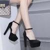 Apricot/Black Women Pumps Sexy Round Toe Flock Platform Buckle Strap 14CM Thin Heels Cover Heel Dress SHoes