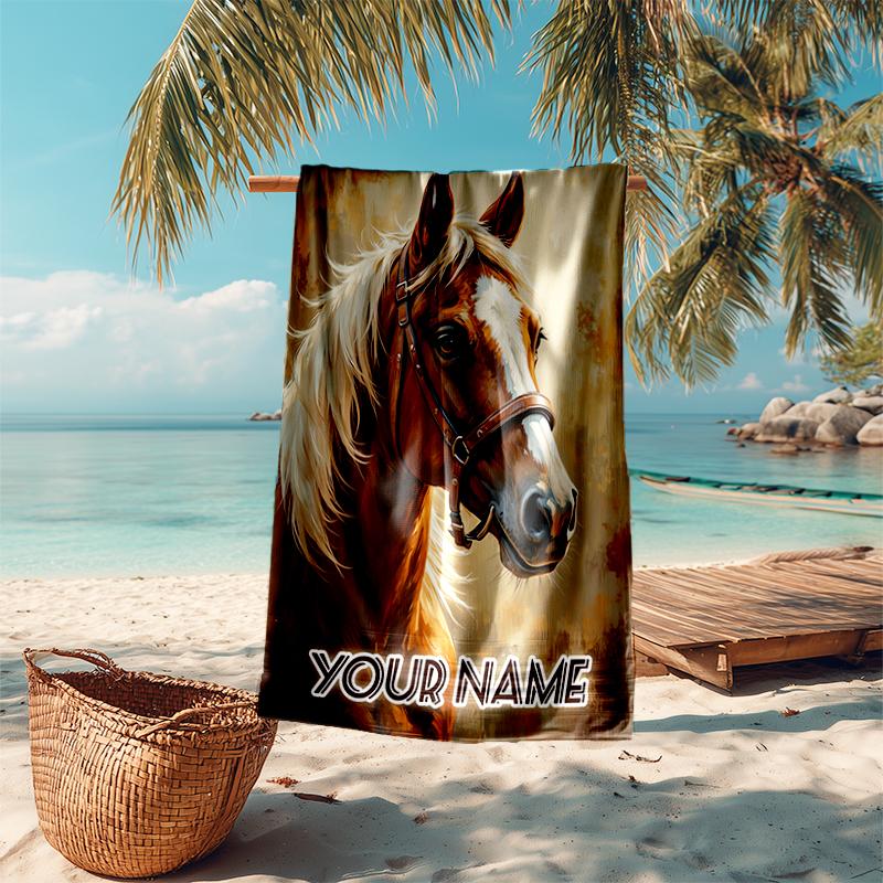 1PC Custom Name Horse Portrait Art Beach Towel Highly Absorbent And Sand-Resistant Towel for Swimming, Pool, Yoga, And Travel Lightweight