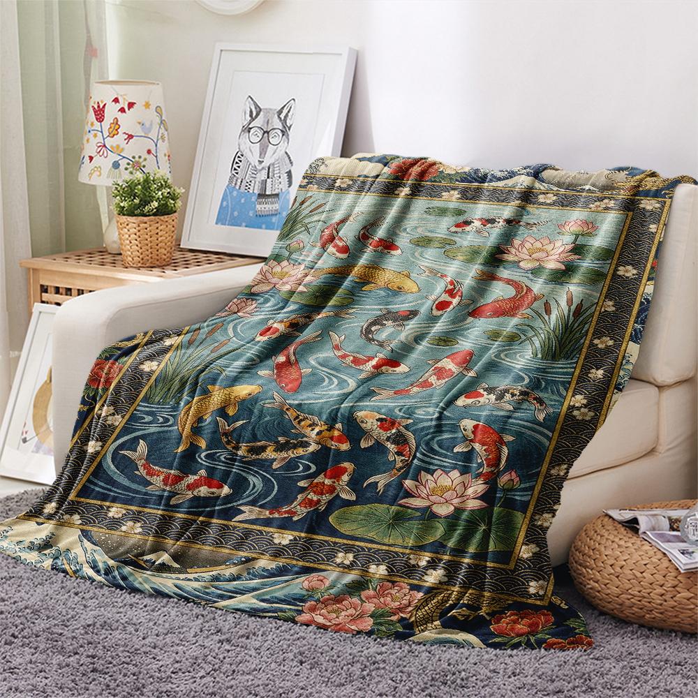 Koi Fish Classical Print Flannel Blanket, High quality Comfortable for All Seasons, Home Decor, Warmth and Comfort, Perfect for Christmas Gifts71