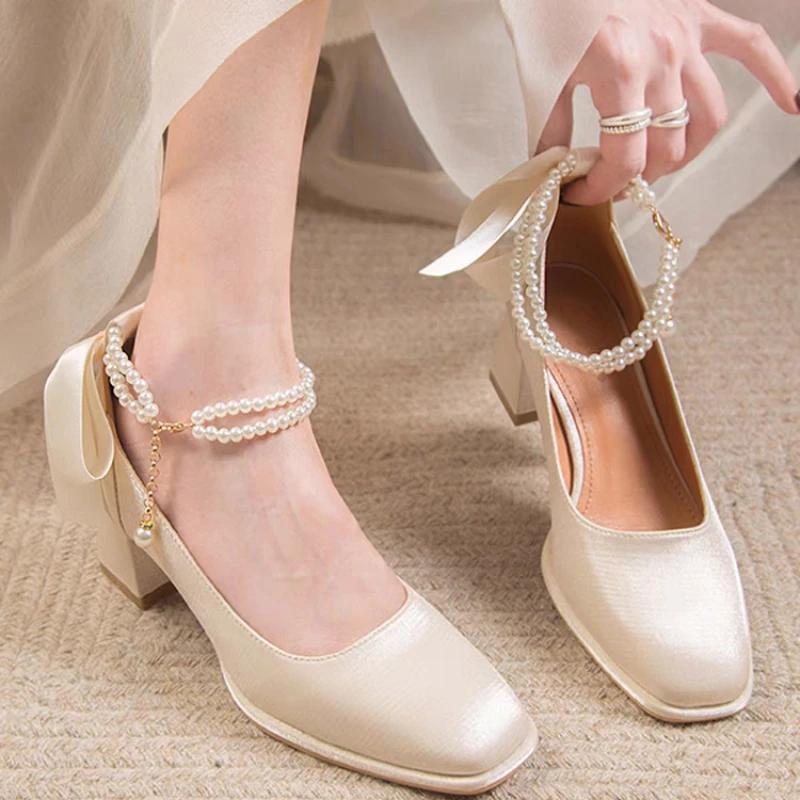 Fashion 2024 New Women High Heels Mary Jane Comfort Shoes Party Wedding White Red Ruffles Bow Princess Lolita Pumps Size 35-40