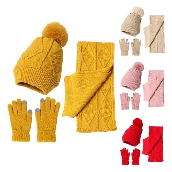 3Pcs/Set Women Winter Hat Scarf Gloves Set Plush Ball Decor Rhombus Texture Knitting Hat