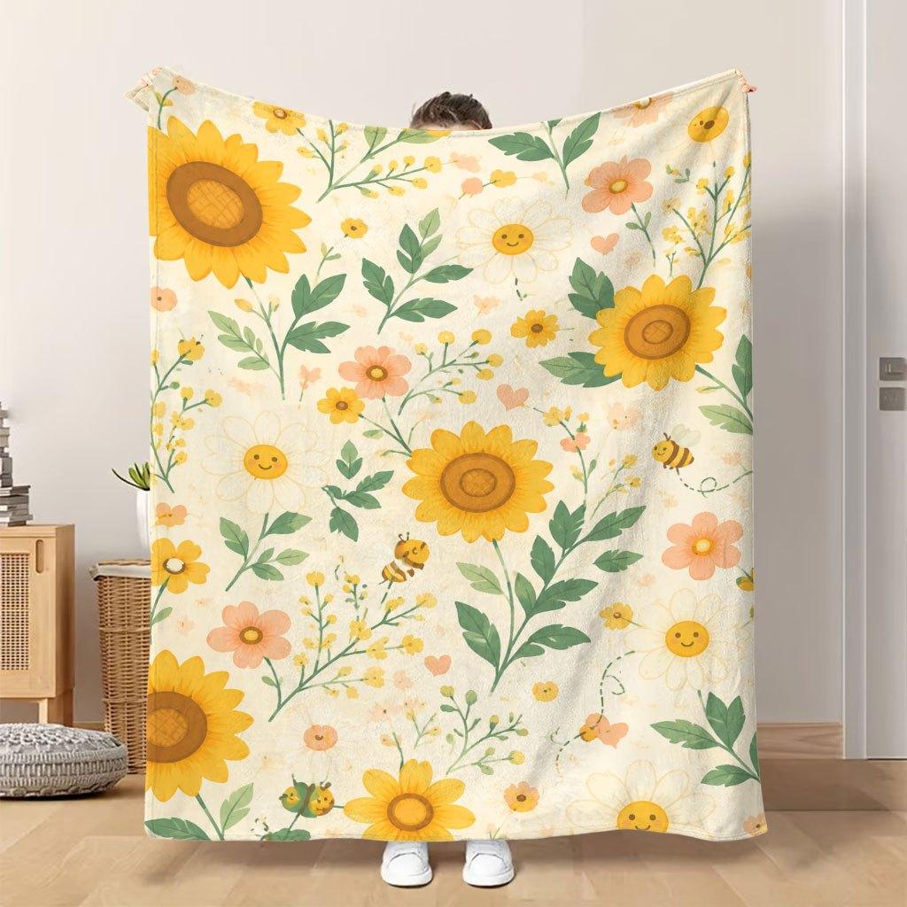 1pc Flannel Blanket Happy Bees And Flowers Design Soft Comfortable And Warm Suitable for All Seasons Beautiful Printed Design Idea