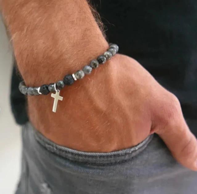 Men's Cross Pendant Bracelet for Men and Women Elastic Yoga Christian Bracelet Men's Beaded Bracelet