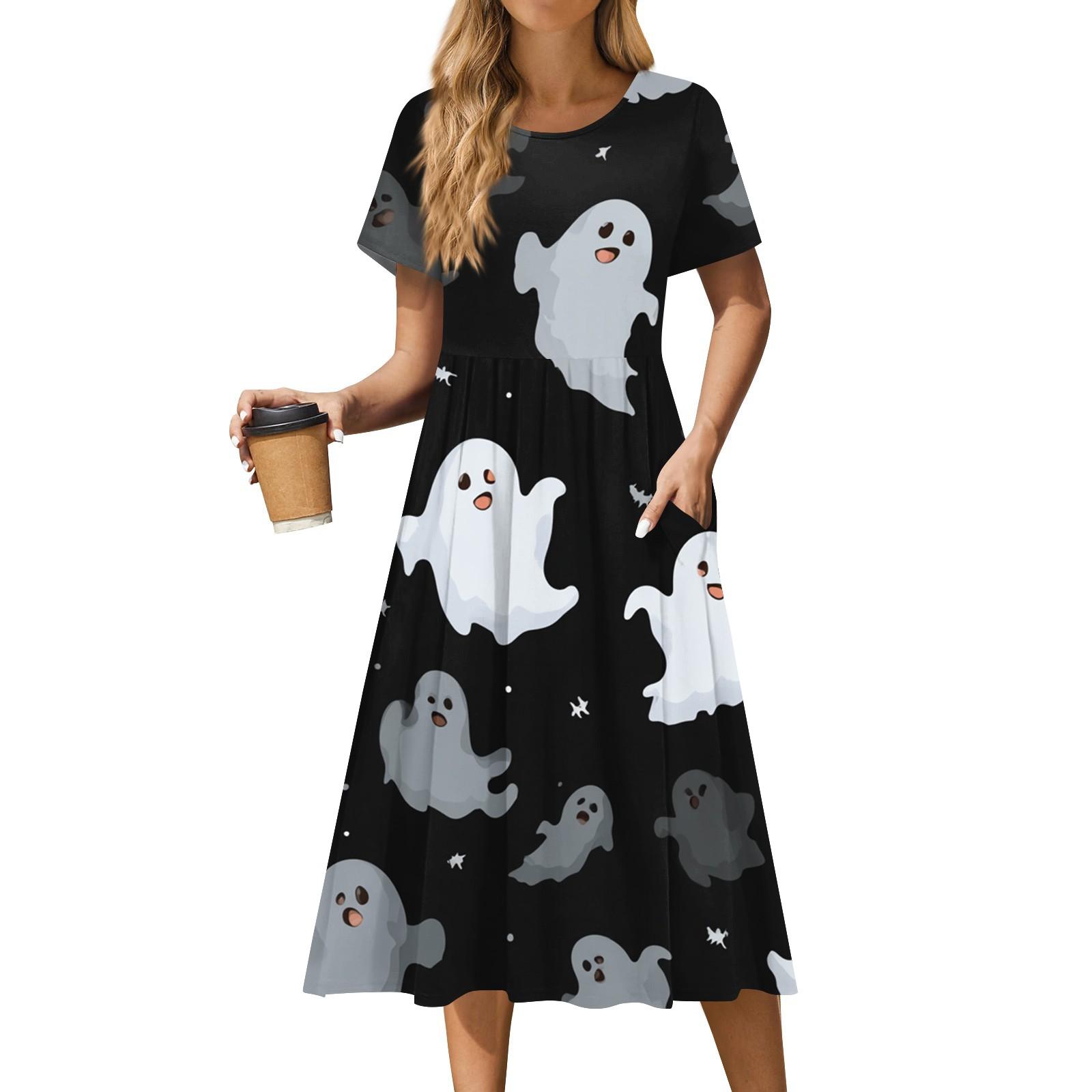 

Women s Casual Fashion Halloween Printed Short Sleeve Round Neck Dress XL