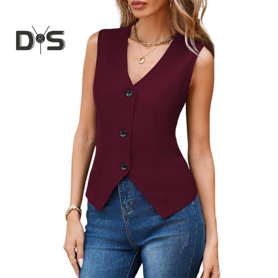 Women's Dressy Suit Vest V-Neck Button Down Blazer Waistcoat Sleeveless Crop Top Slim Fit Work Office Outfit