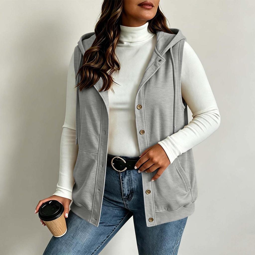 Gilet da donna alla moda con cappuccio, chiusura a bottoni, coulisse, senza maniche e con tasche