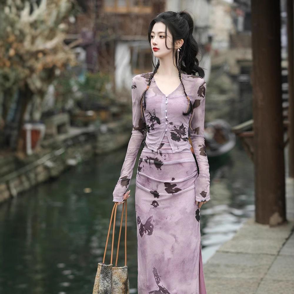 

Комплект платья на подтяжках в винтажном стиле с фиолетовыми чернилами для женщин M