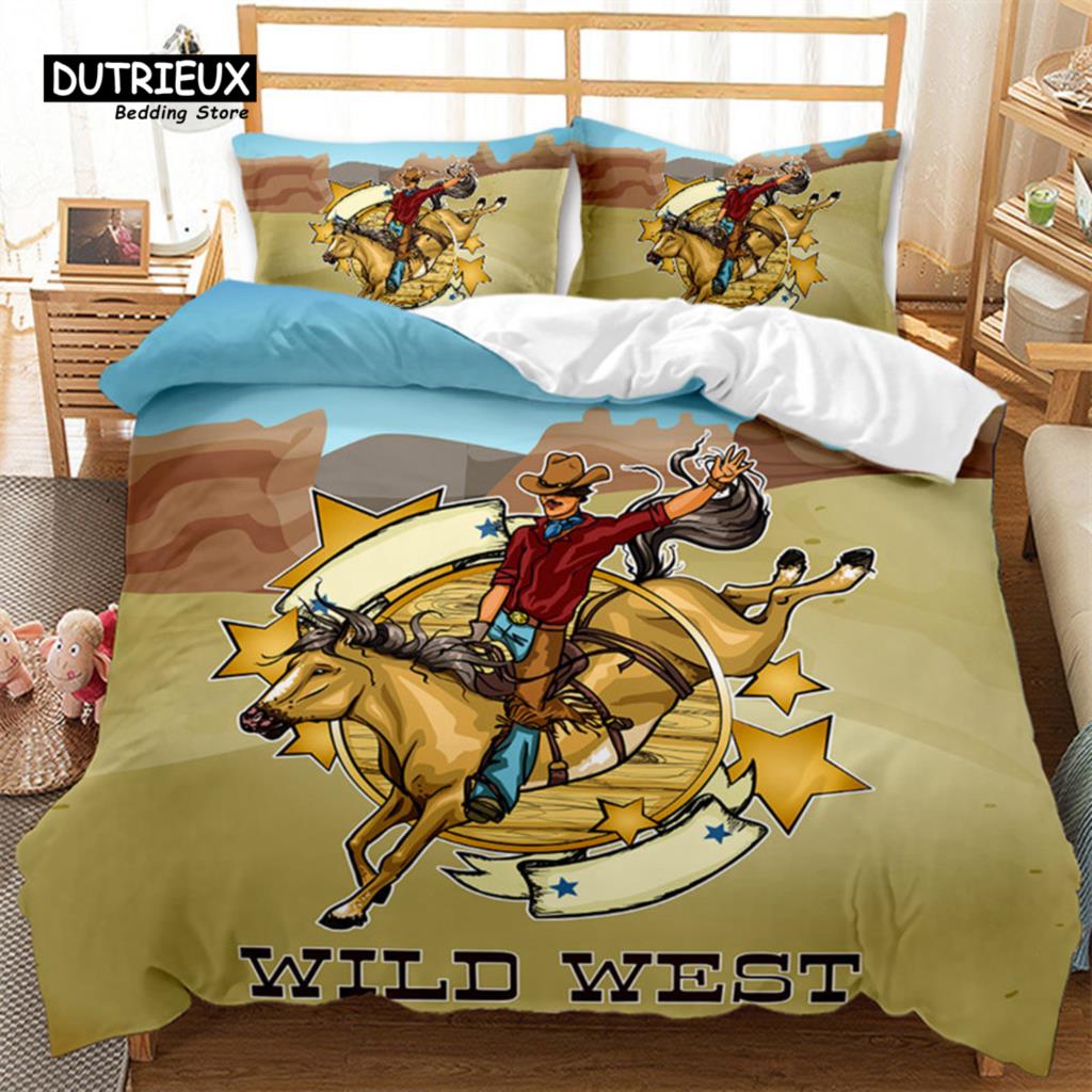 Cowboy Bedding Set Wild West Cowboys Western Style And Horses Themed Duvet Cover Microfiber Quilt Cover For Kids Boys Teen Decor