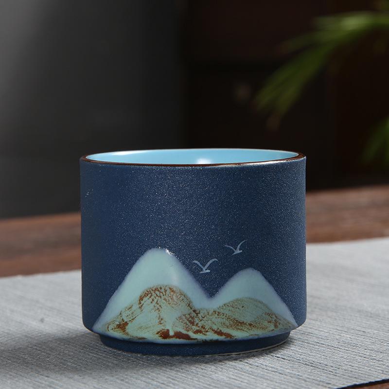 Hand-Painted Black Pottery Zen Tea Cup - Retro Mountain Design, Kung Fu Ceramic Masterpiece for Tea Tasting and Guest Reception.