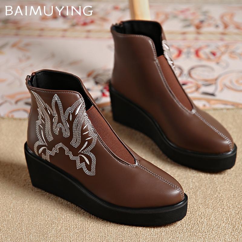 Women Wedges Ankle Boots Embroidery Designer Retro Mid Heels Shoes  Trend Winter New Classic Goth Leather Botas De Mujer
