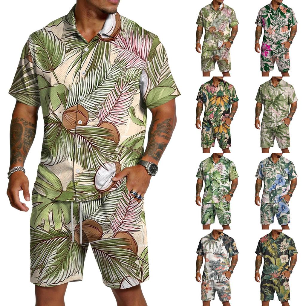 Men's Casual Printed Top and Drawstring Shorts Set Lightweight Breathable Set for Summer