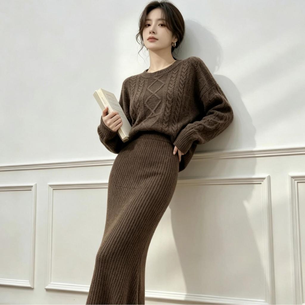 Women's Retro Knit Skirt Set: Fishtail Long Skirt & Pullover (Autumn/Winter 2026)