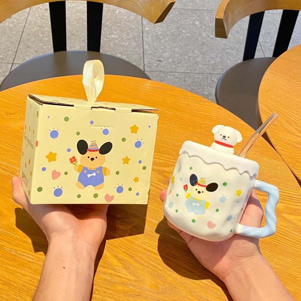 Cute Cartoon Cup Straw Cup Ins Style Mug with Lid Home Gift for Girls Birthday Couple Cup Ceramic Cup