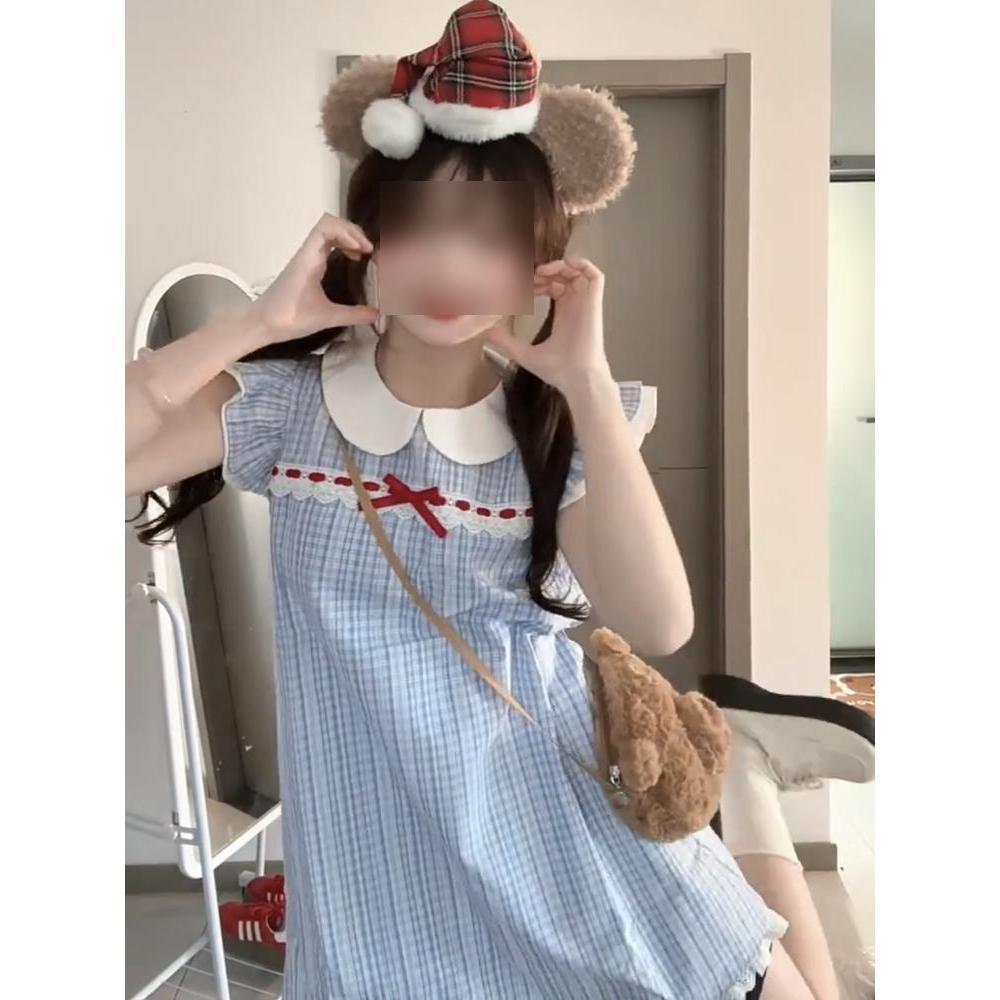 Summer Wear Small Shirt Skirt Women's College Plaid Splicing Loose Doll Collar Small Flying Sleeve Dress