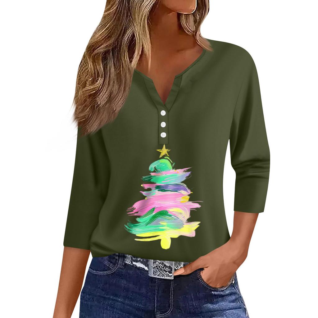 Γυναικείο μπλουζάκι μπλουζάκι με τύπωμα κουμπιού μανίκι 3/4 Καθημερινή μόδα για Σαββατοκύριακο Basic V-λαιμόκοψη κανονικό μπλουζάκι