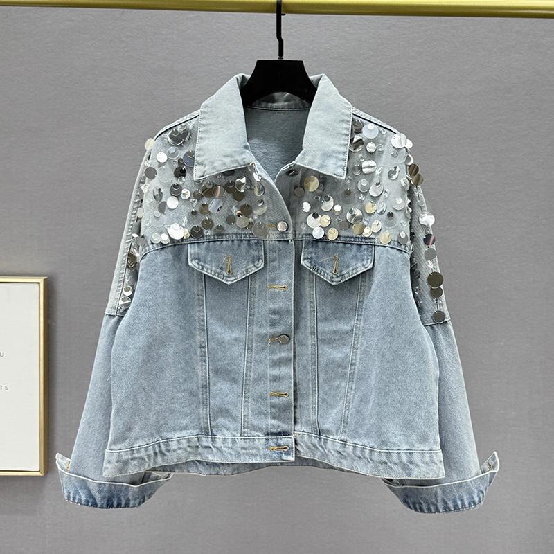 Heavy Industry sequined denim jacket women s spring new loose and thin European lapel long-sleeved jacket trendy brand M синий