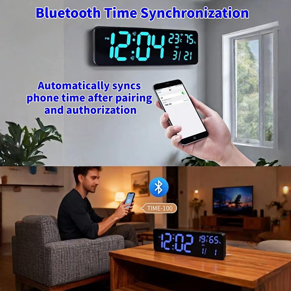 36*11.5*2.3cm Large RGB Digital Wall Clock TEMP Humidity Date Week Count-up Countdown 12/24H Bluetooth Time Synchronization LED Clock