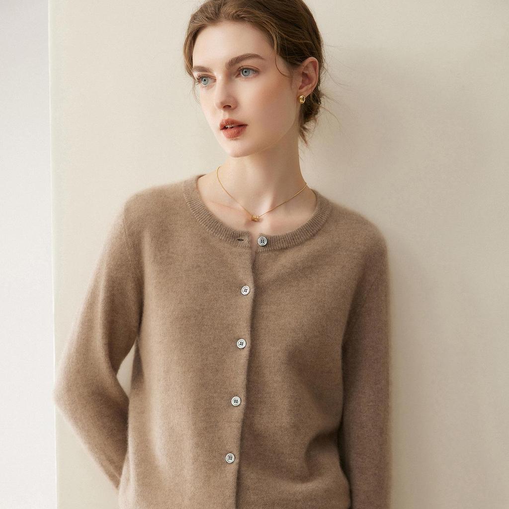 Lekasha 100% Pure Cashmere Knitted Round Neck Cardigan for Women