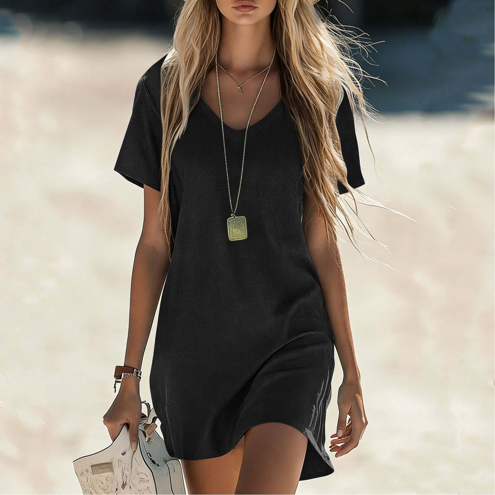 2026 European & American Women s V-Neck Short Sleeve Cotton Linen Pocket Dress XXL