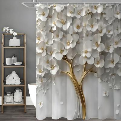 Rideau de douche à relief peu profond floral blanc, Rideau de douche décoratif pour salle de bain, Rideau de douche imperméable avec crochets