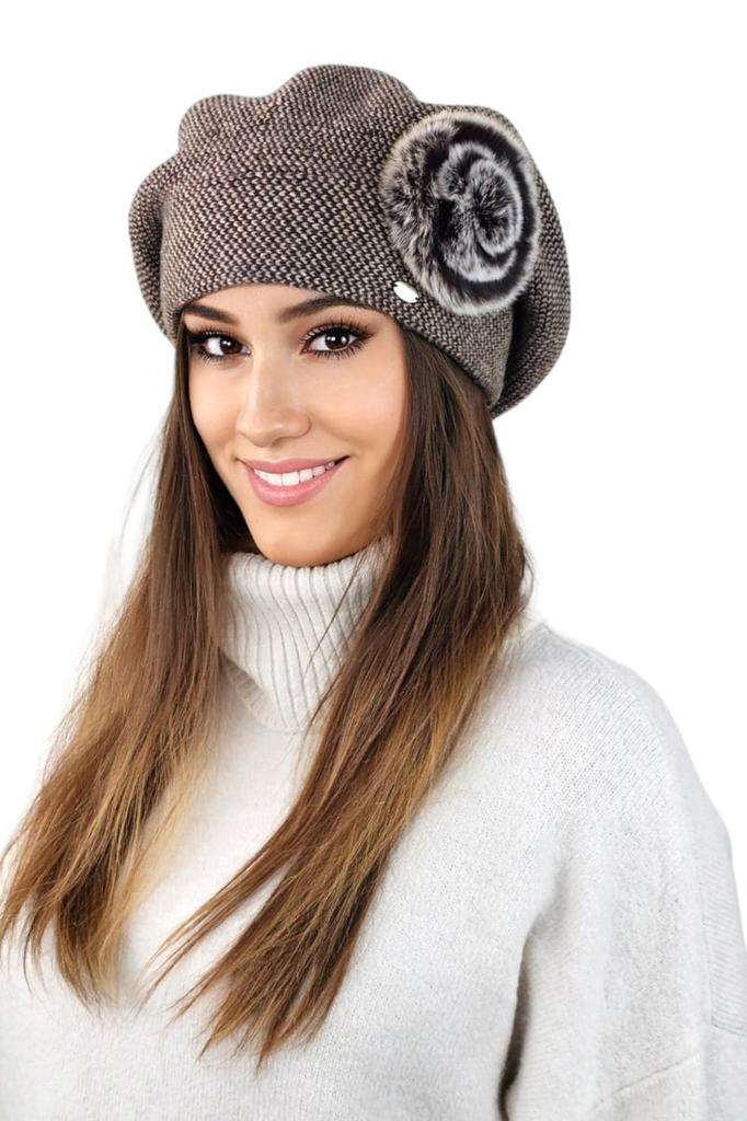 Pasque Flower Pepita Beret with Rabbit Decoration, Brown
