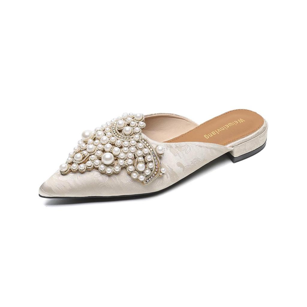 Weiwei Girl Pearl Rhinestone Slip-on Closed Toe Sandals - Women's Chinese Style Flat Heel Half Slippers for Summer
